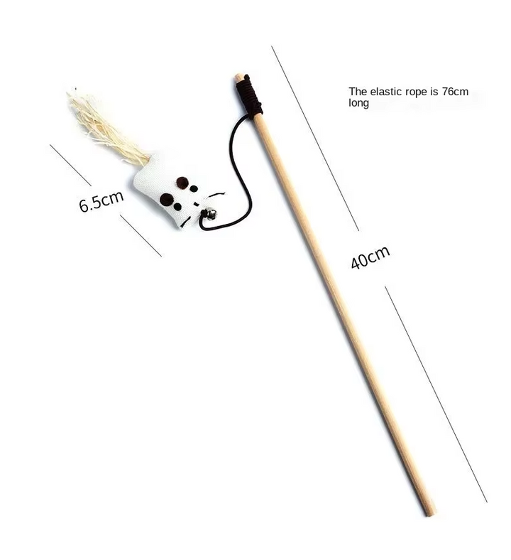 Cat toy with attached feathers and bells, designed for interactive playtime fun.