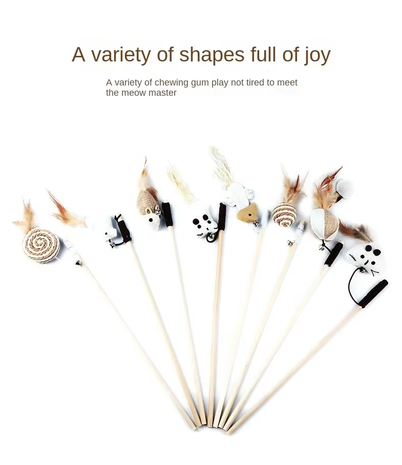 Sustainable cat toy with natural feathers and bells, perfect for playful felines.