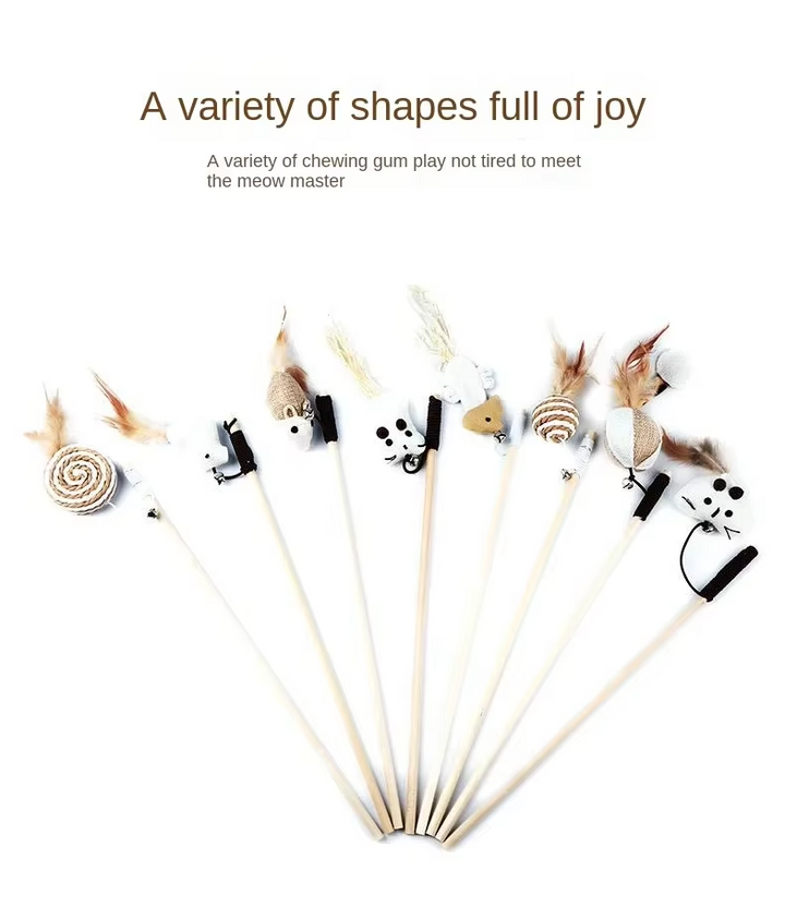 Sustainable cat toy with natural feathers and bells, perfect for playful felines.