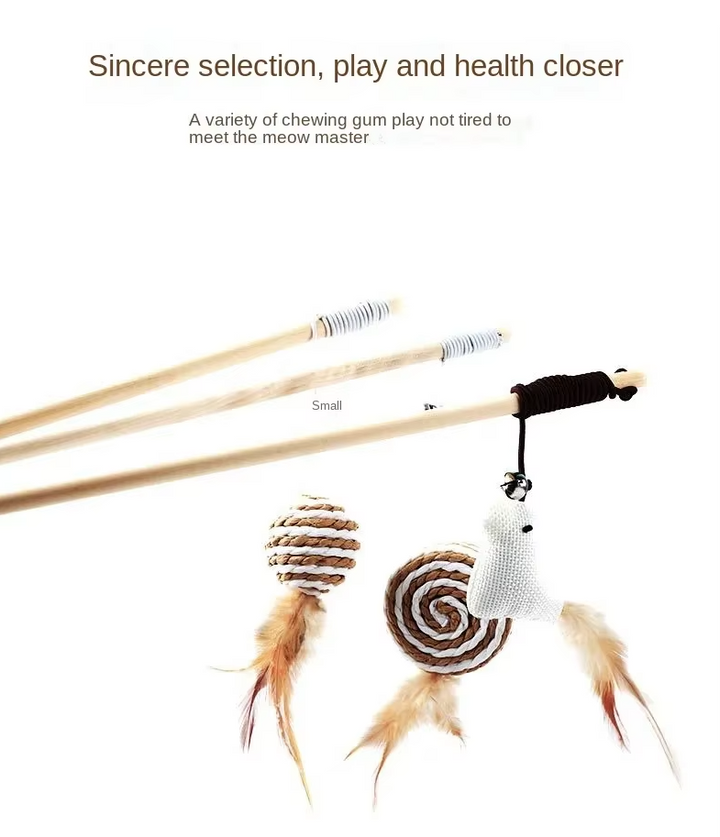 Cat playtime interactive toy with soft feathers and a bell, promoting activity.