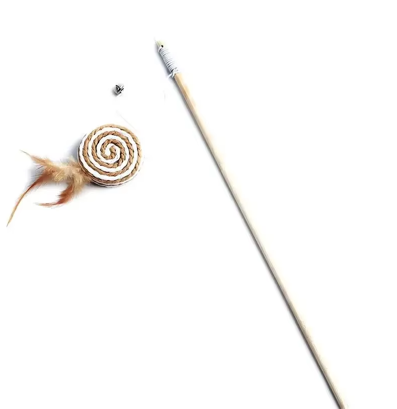 Feline activity toy: a feathered wand with bells for engaging cat play.