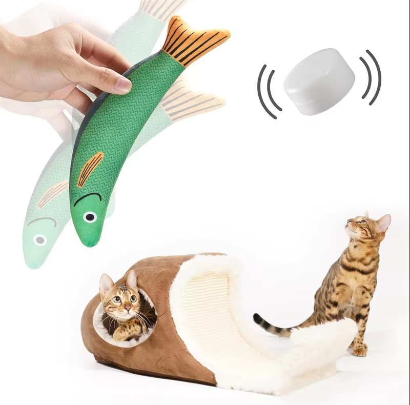 Close-up of cat biting a catnip-filled fish toy with realistic sound
