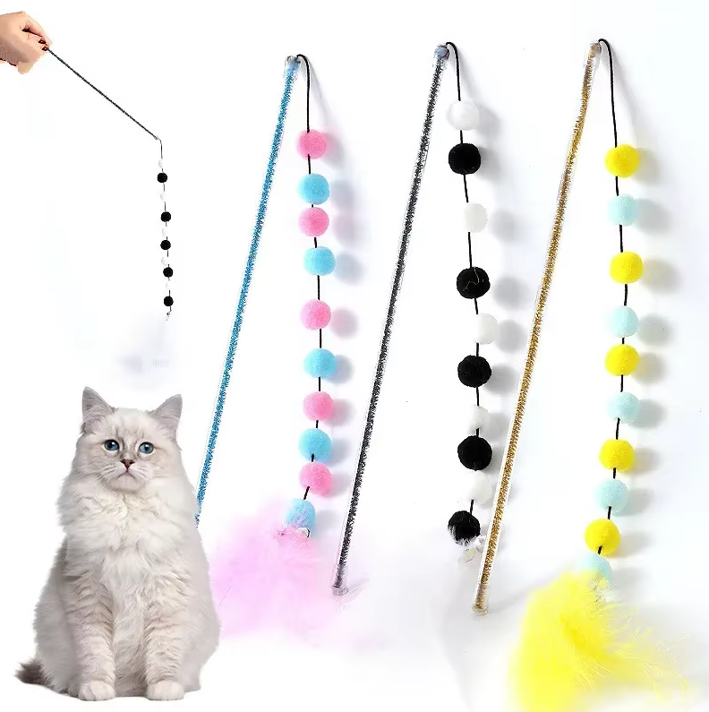 Interactive cat fishing rod toy with a long wand, string, and feather attachment for feline playtime