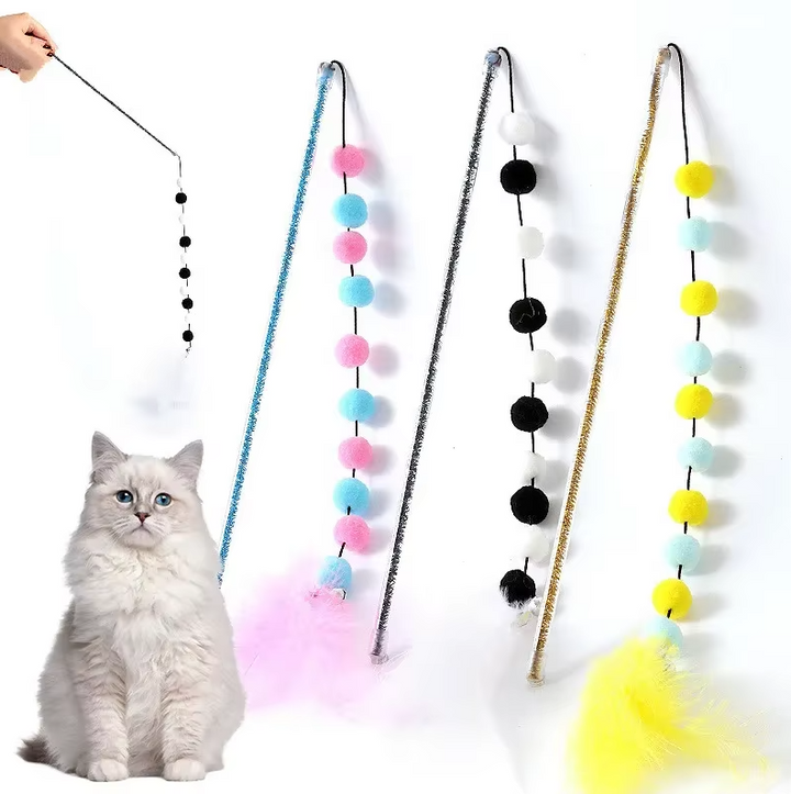 Interactive cat fishing rod toy with a long wand, string, and feather attachment for feline playtime