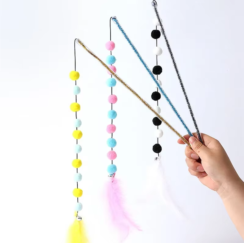 Unisex interactive cat wand toy with a comfortable handle and colorful feather lure, promoting cat exercise