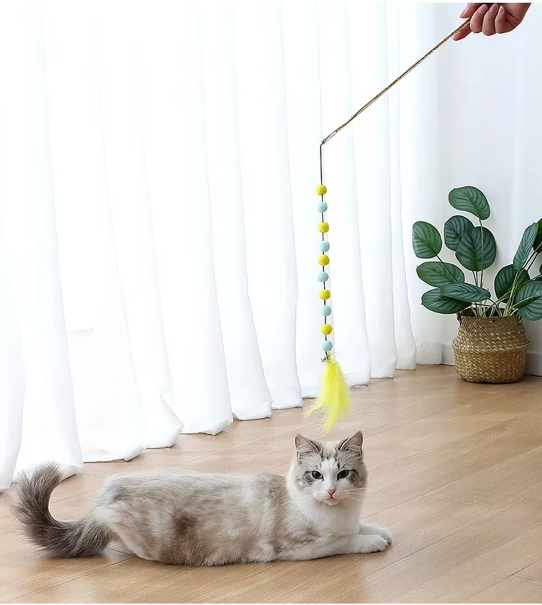Interactive pet accessory: a cat fishing rod with an enticing feather and fuzzy ball, encouraging feline activity