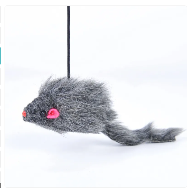Detailed view of an interactive cat mouse toy, highlighting its retractable string mechanism.