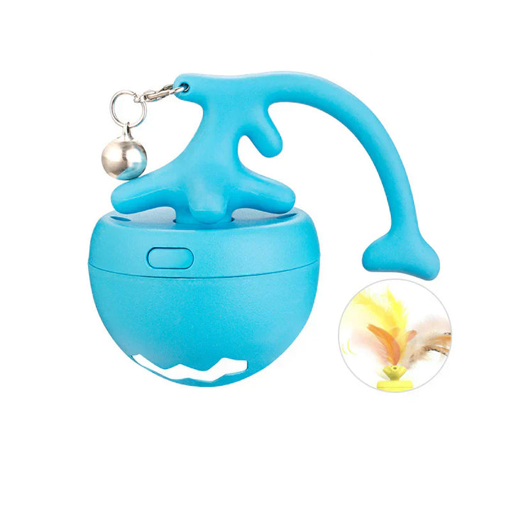 Durable cat toy: a feather-decorated play ball, stimulating pet entertainment.