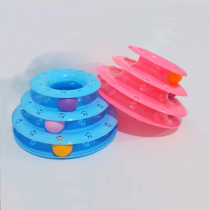 Interactive cat play pyramid tower with colorful balls, stimulating active feline fun and enrichment for kittens.