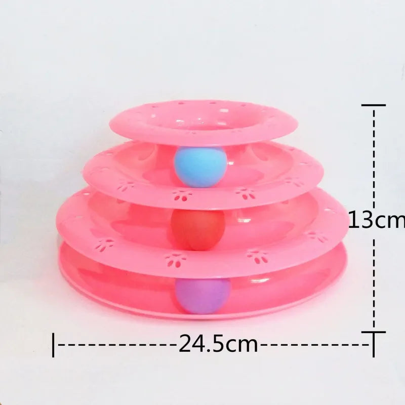 Durable cat toy: multi-level play pyramid tower with internal ball tracks, designed for interactive feline play.