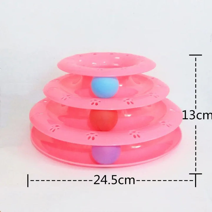 Durable cat toy: multi-level play pyramid tower with internal ball tracks, designed for interactive feline play.