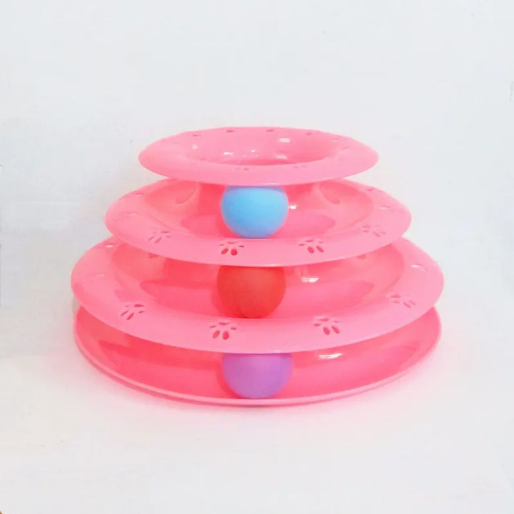 Brightly colored interactive cat play pyramid tower, a fun pet supply for cat enrichment and active play.