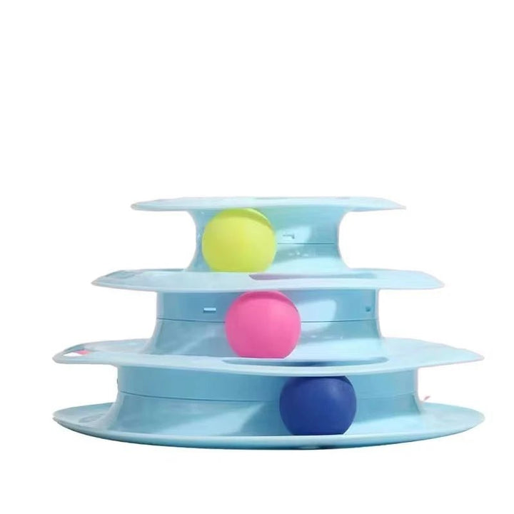 Interactive cat play tower with multiple levels, balls, and scratching posts for pet exercise