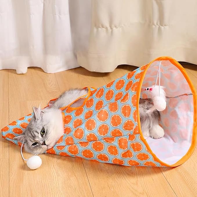 Interactive cat play tunnel for feline enrichment with multiple peek-a-boo holes, durable fabric