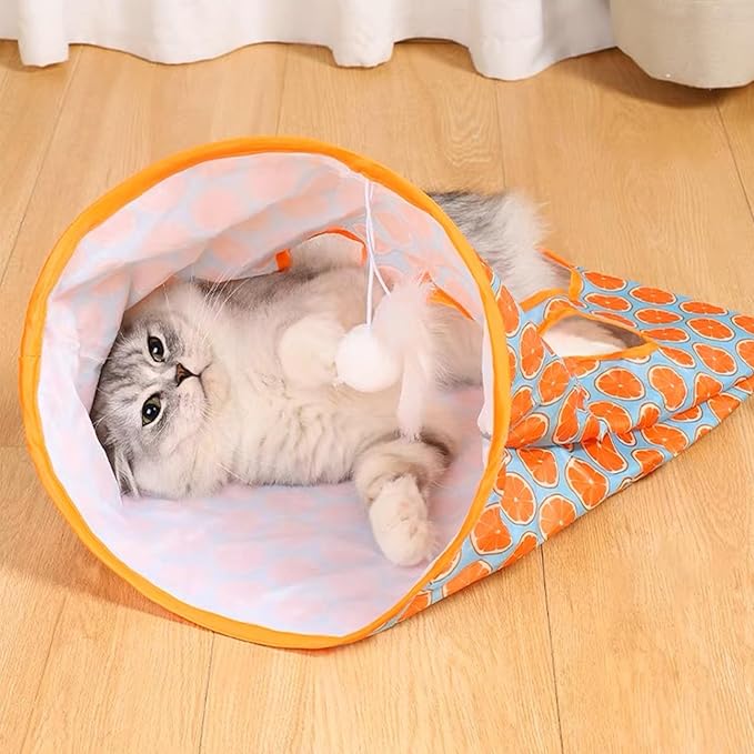 Durable cat toy tunnel with crinkly material providing interactive play and mental stimulation