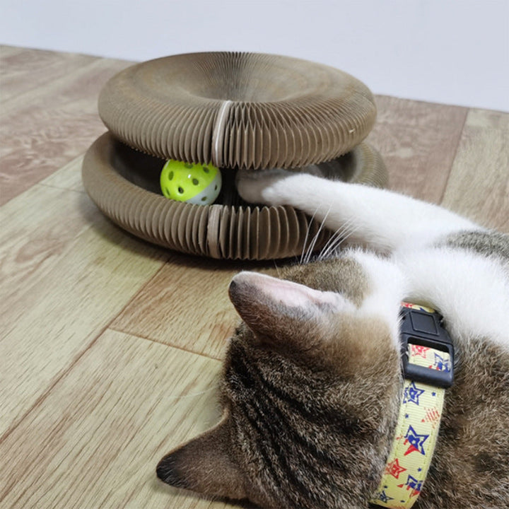 Interactive Cat Scratch Ball Toy with a white cat playing on a wooden floor.
