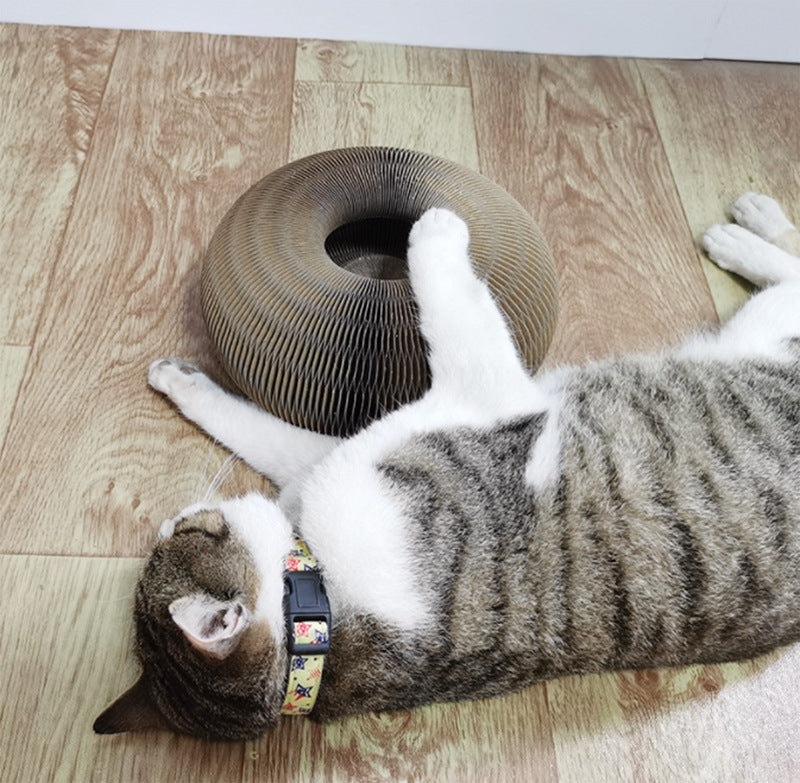 Cardboard Interactive Cat Scratch Ball Toy on a light-colored carpet, providing feline fun.