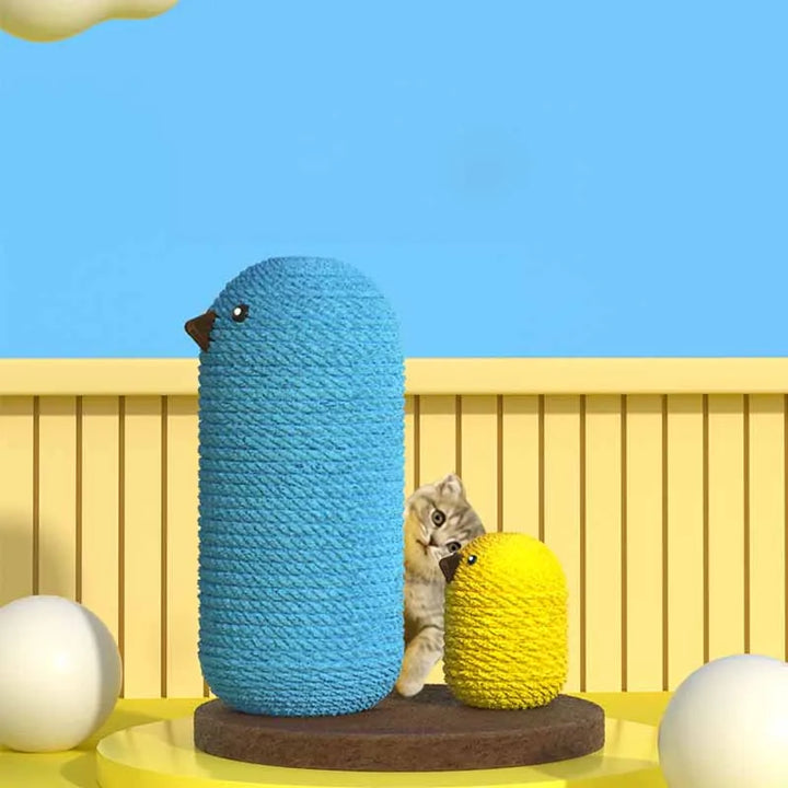 Interactive cat scratcher protecting furniture, with dangling toys for playful kittens