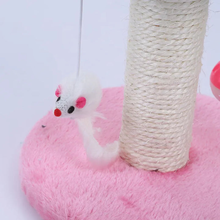 Durable sisal cat scratcher post with an attached ball toy, promoting natural scratching behavior.