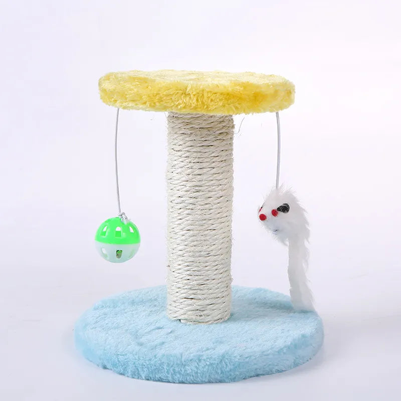 Close-up of a sisal cat scratching post with a fun ball toy, perfect for daily feline exercise.