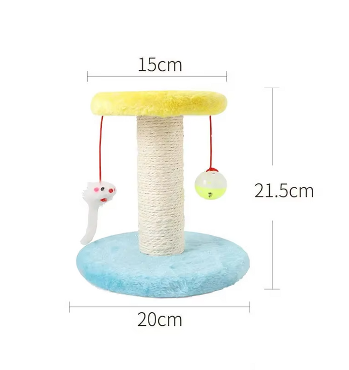 Grey interactive cat scratching post with mouse & ball toys, ideal for relieving cat's boredom.