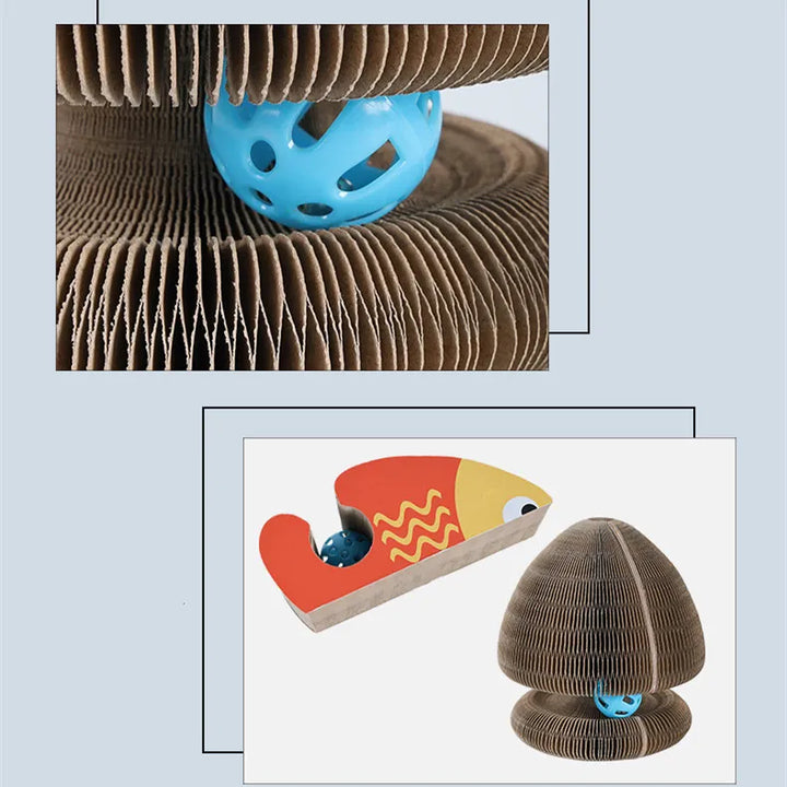 Compact interactive cat scratching tower featuring a fun play ball, suitable for all cat sizes.