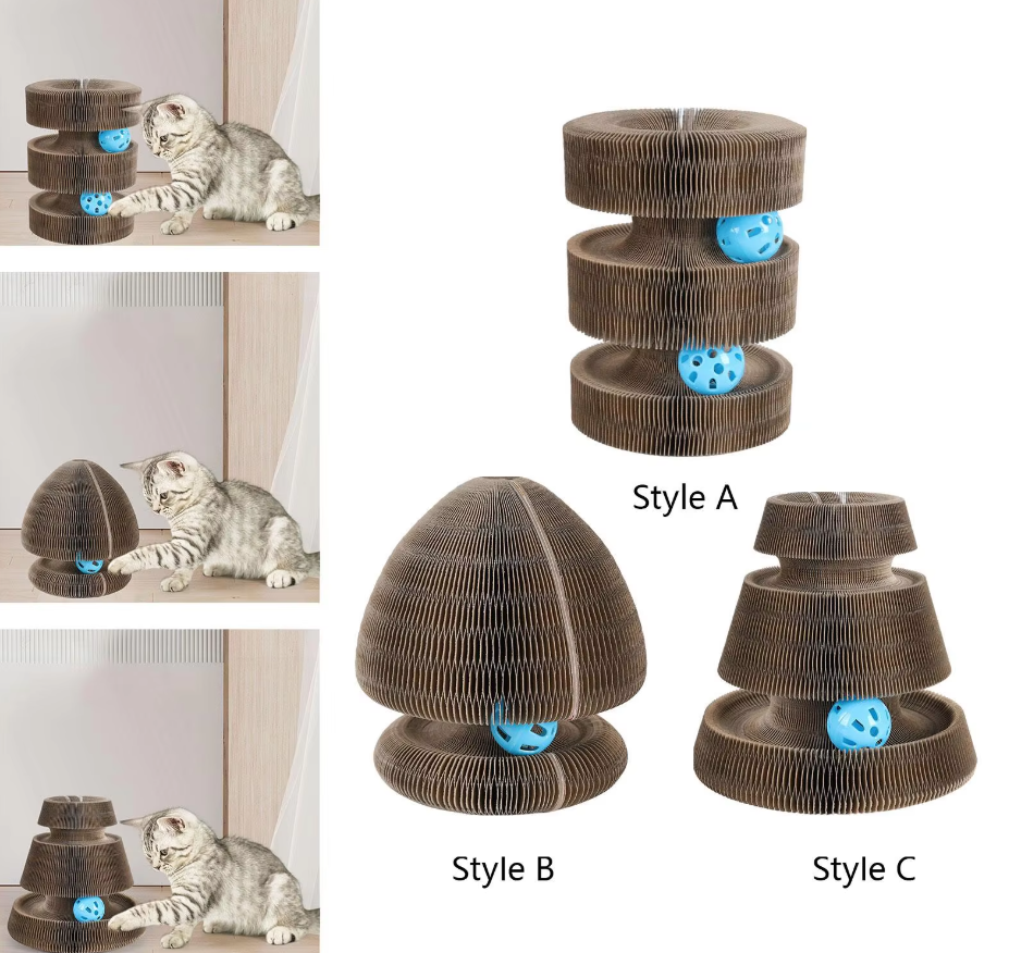 Beige cat scratching tower, cardboard surface for healthy claws, built-in play ball for pet fun.