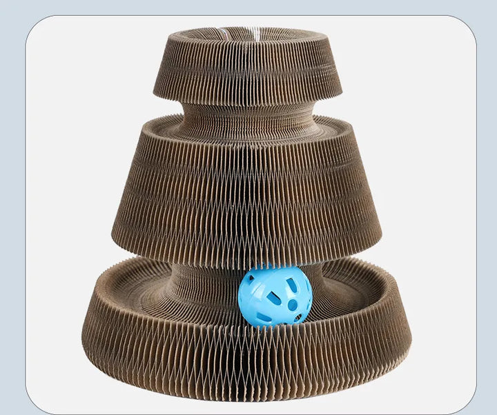 Multi-level interactive cat toy with scratching surfaces and an attached ball, promoting cat health.