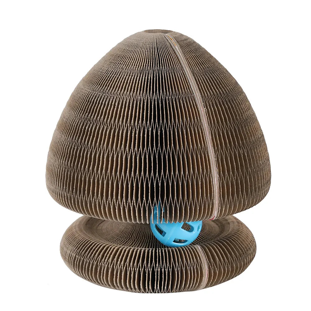 Close-up of the cardboard scratching post texture on an interactive cat play tower, pet supplies.