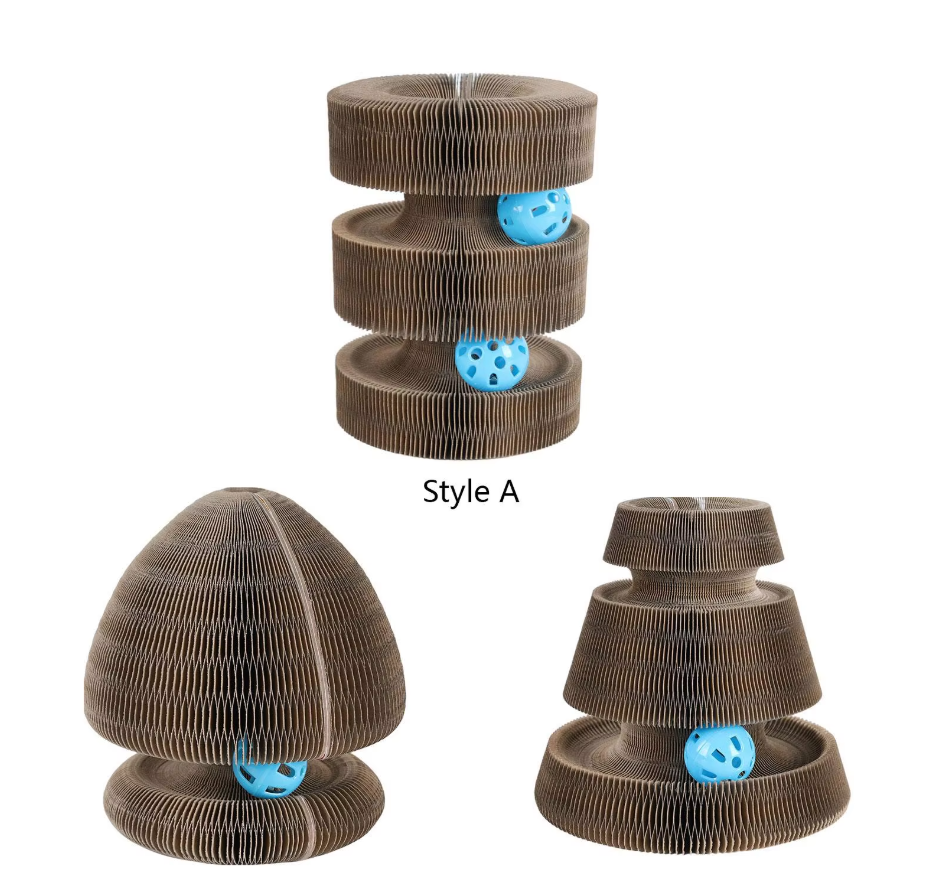 Durable cat scratching tower with varied platforms and a hanging toy, ideal for cat exercise and play.