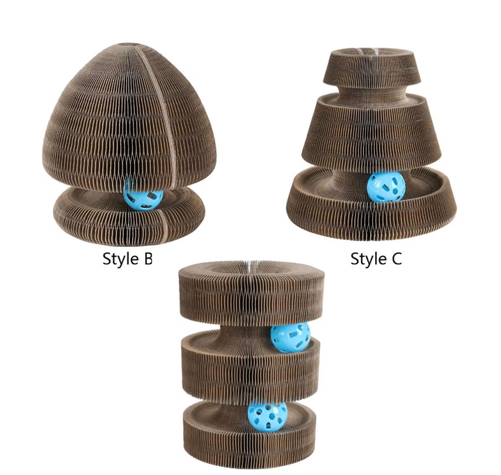 Modern interactive cat toy scratching tower, neutral colors, designed for active cat entertainment.