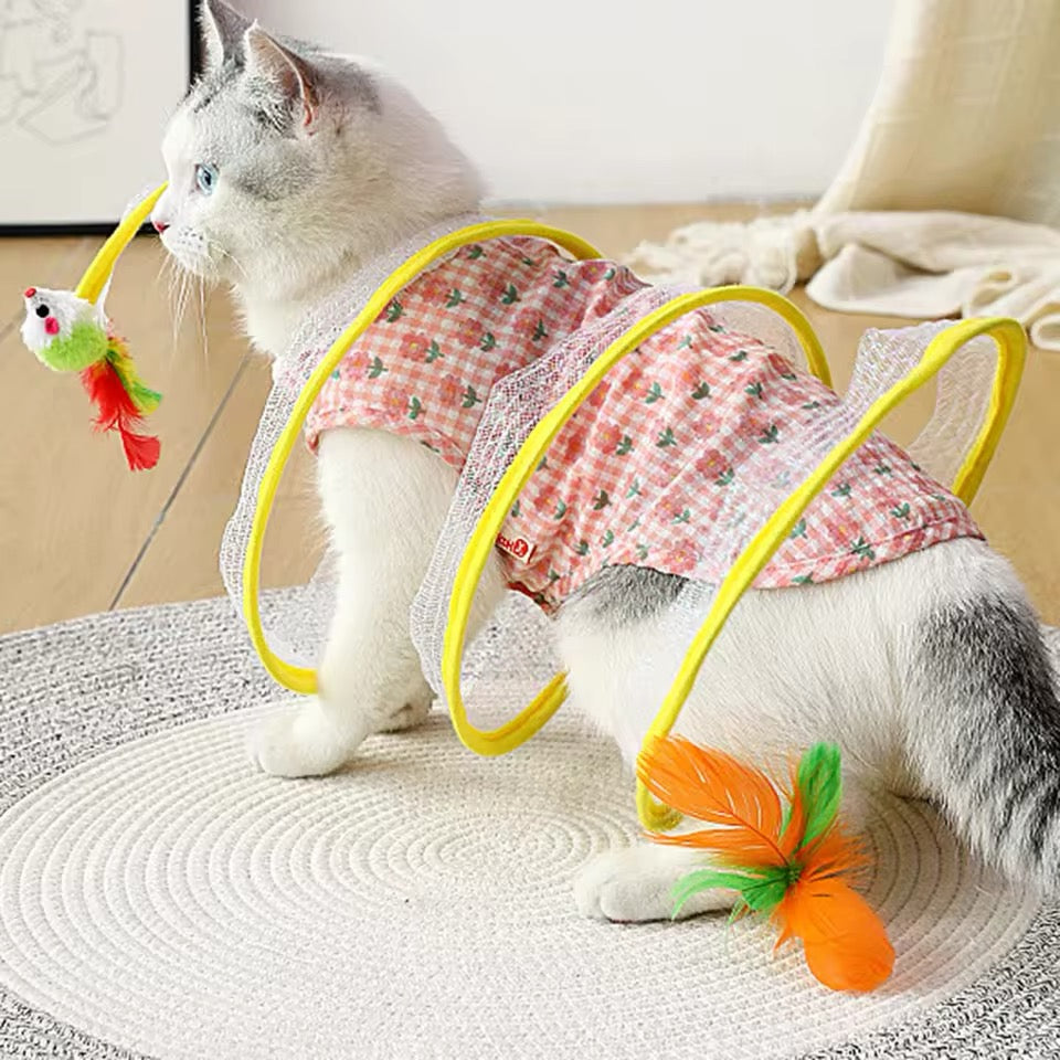 Interactive cat spiral toy with colorful balls and scratch pad for mental and physical feline play