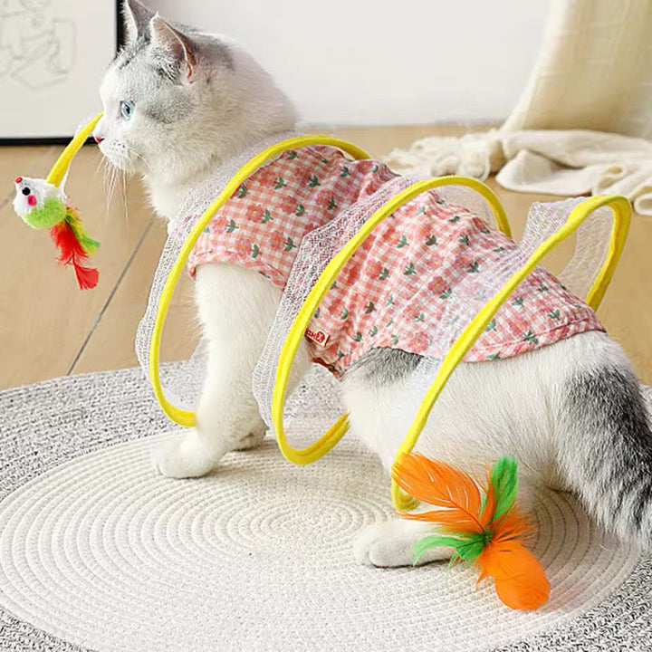 Interactive cat spiral toy with colorful balls and scratch pad for mental and physical feline play