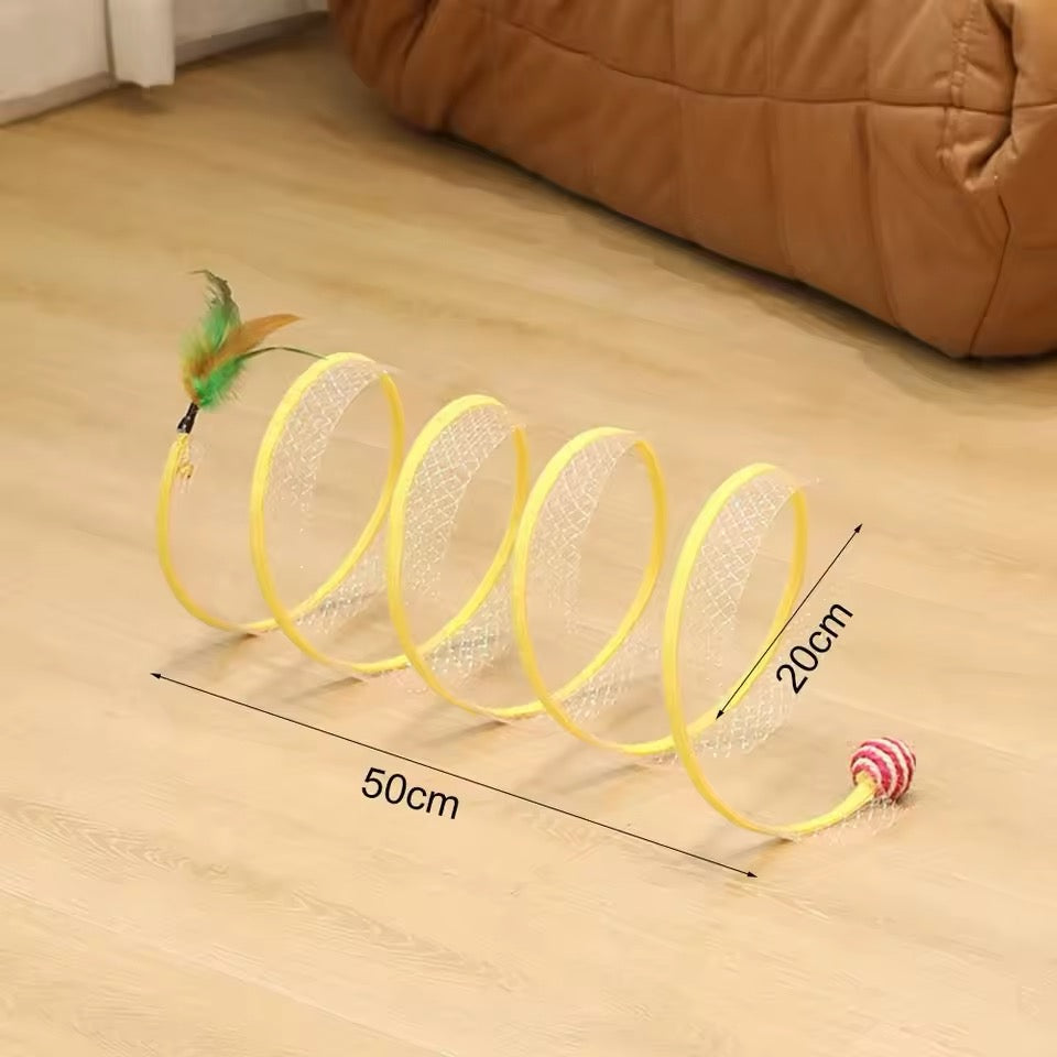Close-up of a vibrant interactive cat toy, featuring a spiral track and spinning balls for enrichment