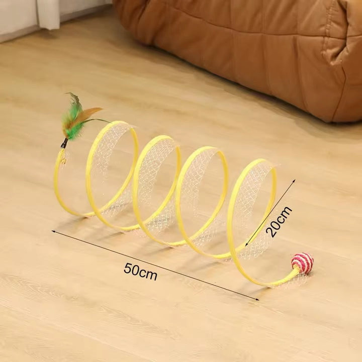 Close-up of a vibrant interactive cat toy, featuring a spiral track and spinning balls for enrichment