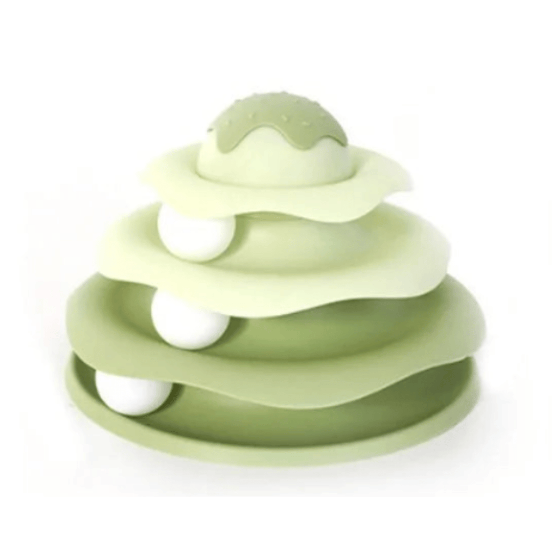 Interactive cat tower with revolving balls, perfect for mental stimulation and play for indoor cats.