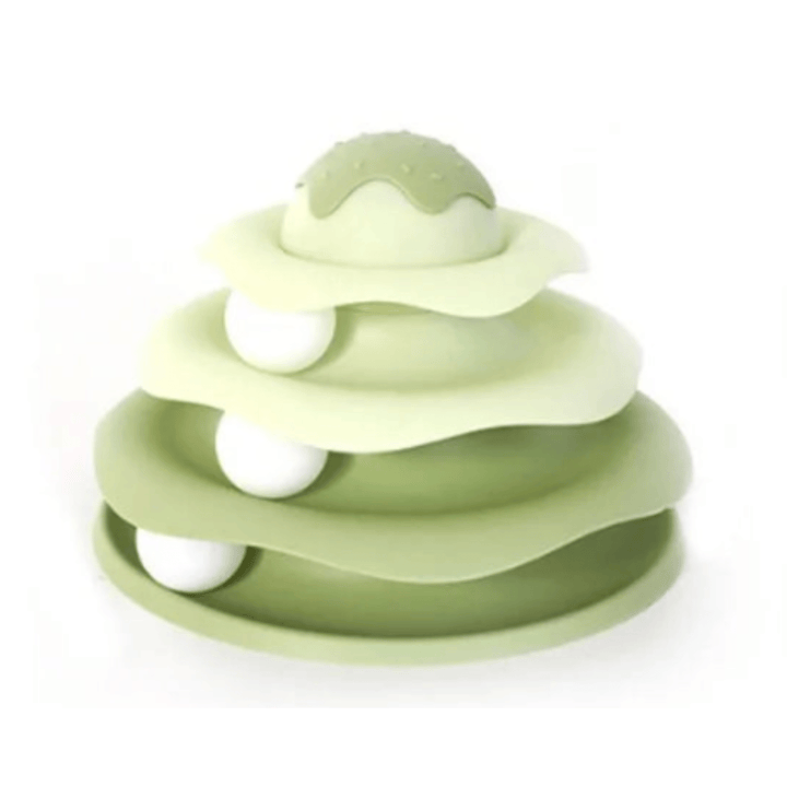 Interactive cat tower with revolving balls, perfect for mental stimulation and play for indoor cats.