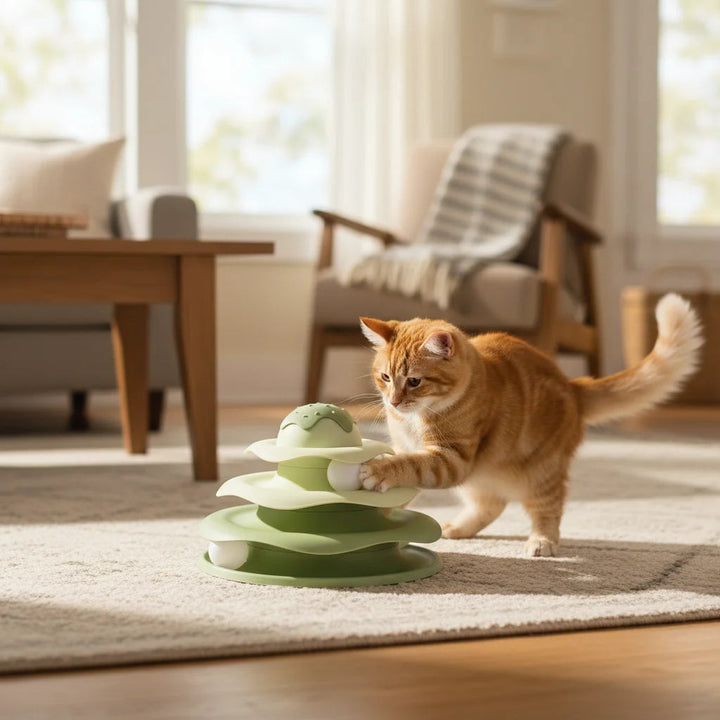 Durable pet toy: multi-level interactive cat tower with spinning balls for feline mental enrichment.