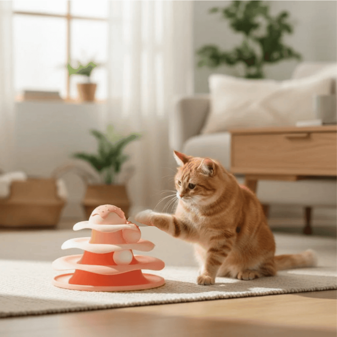 Cat exercise toy: Revolving ball tower for active play, mental stimulation & entertainment for cats.