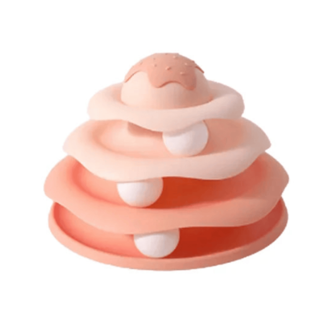 Indoor cat enrichment: Interactive cat tower with rolling balls, promoting healthy play and activity.