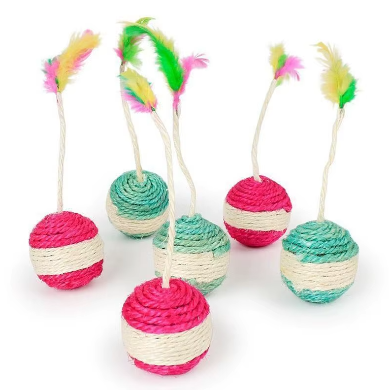 Interactive cat toy ball with feather and sisal rope for playful kittens and active cats.