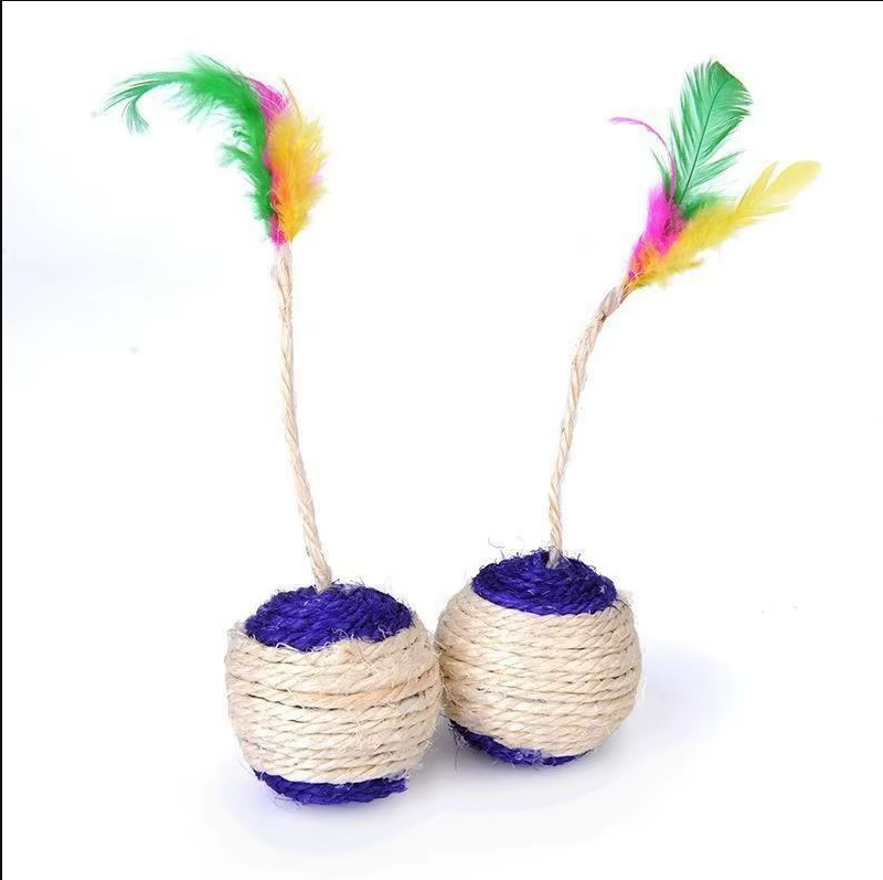 Interactive cat toy ball designed with both feather and sisal rope to encourage natural feline instincts.