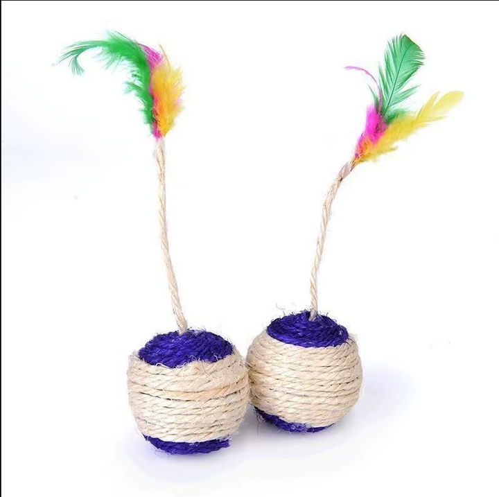 Interactive cat toy ball designed with both feather and sisal rope to encourage natural feline instincts.