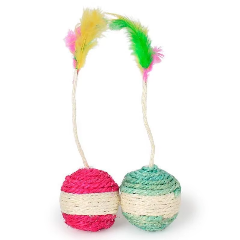 Vibrant interactive cat toy ball, incorporating a feather and sisal rope, ideal for solo or interactive play.