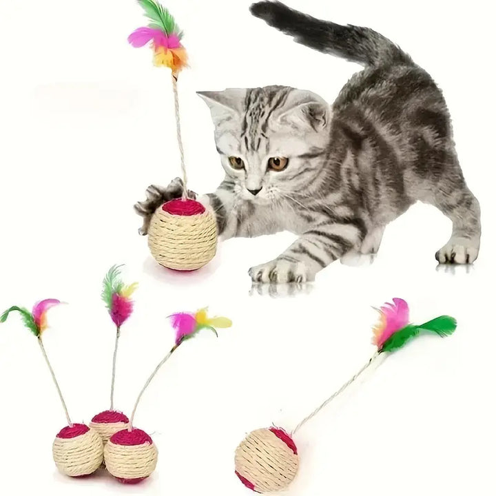 Durable interactive cat toy ball with feather and sisal rope, promoting healthy exercise for pets.