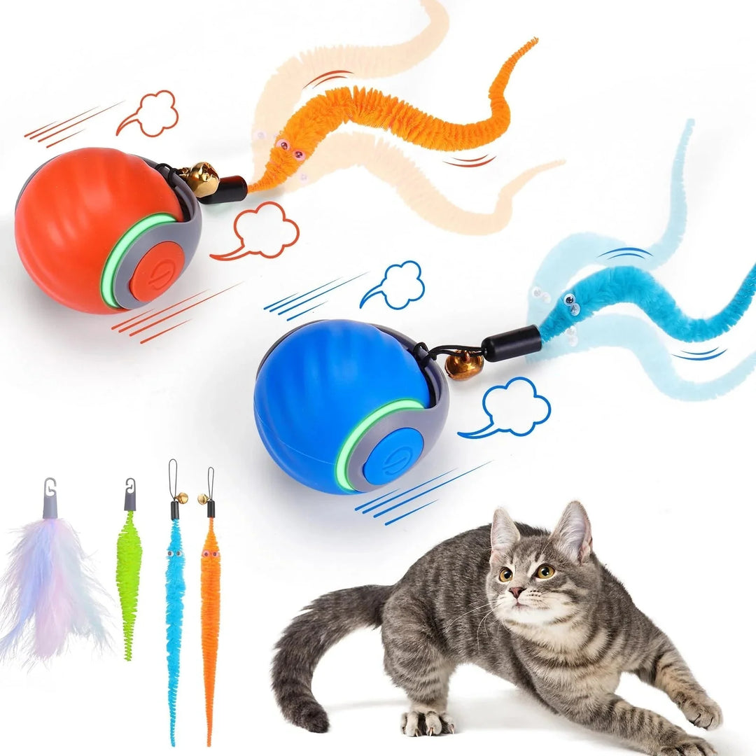Interactive cat toy ball with motion sensor & feather tails for feline enrichment