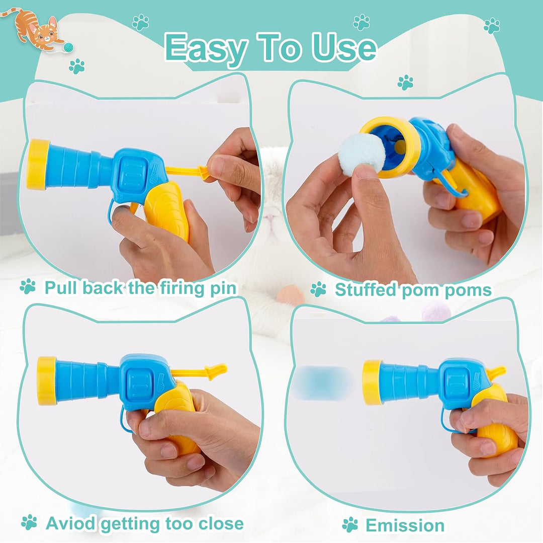 Ergonomic interactive cat toy launcher gun in vibrant color with included plush balls for cats.