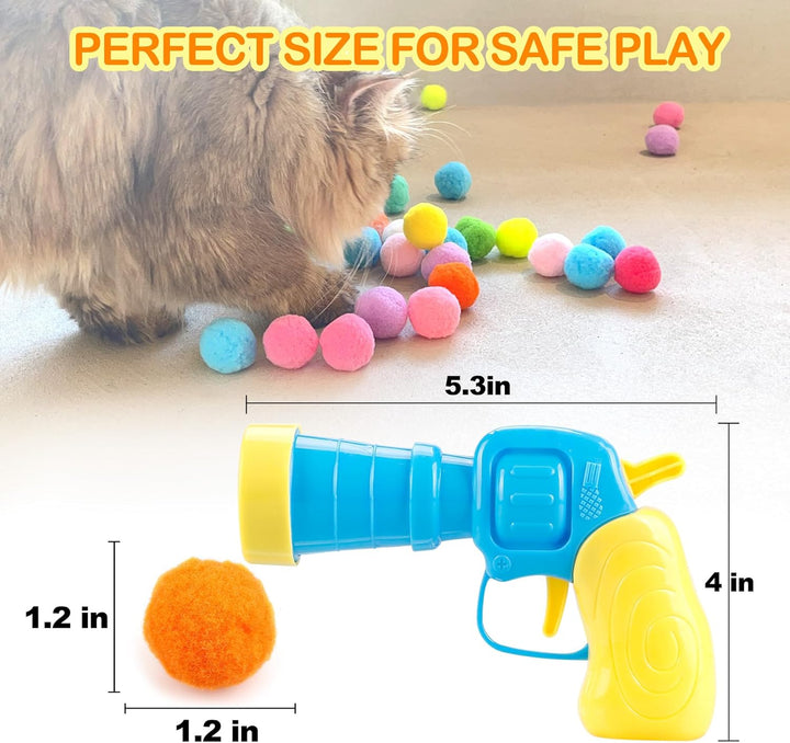 Indoor cat supplies: interactive toy launcher gun with non-toxic soft balls for pet playtime.
