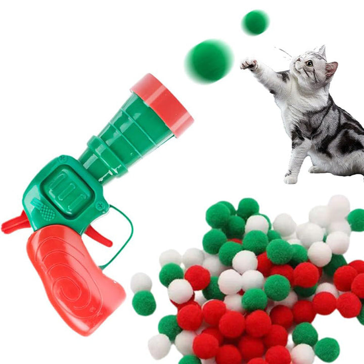 Pet enrichment cat accessory: soft ball launcher gun promoting engaging and healthy cat exercise.
