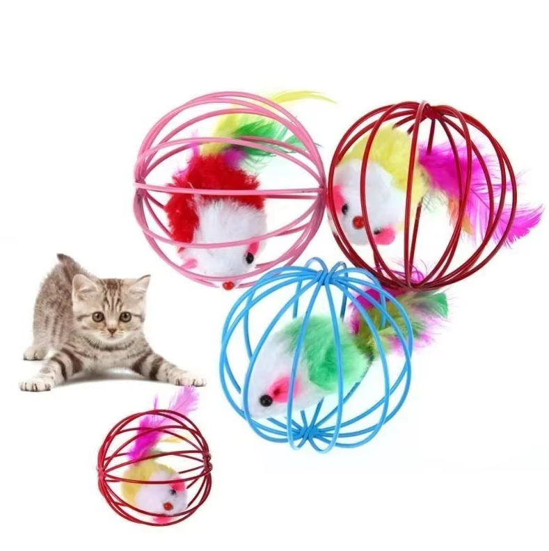 Interactive cat toy mouse in cage with feather tail, stimulating feline playtime